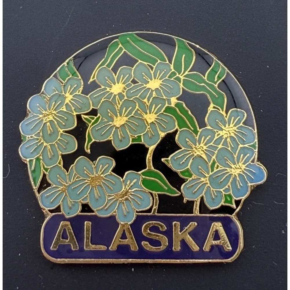 Vintage Alaska Lapel Pin State Flowers Design Souvenir Cloisonné Style New‎